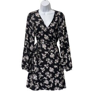 Loft Dress Womens 2 Black White Floral Wrap Flowy Feminine Business Party Date